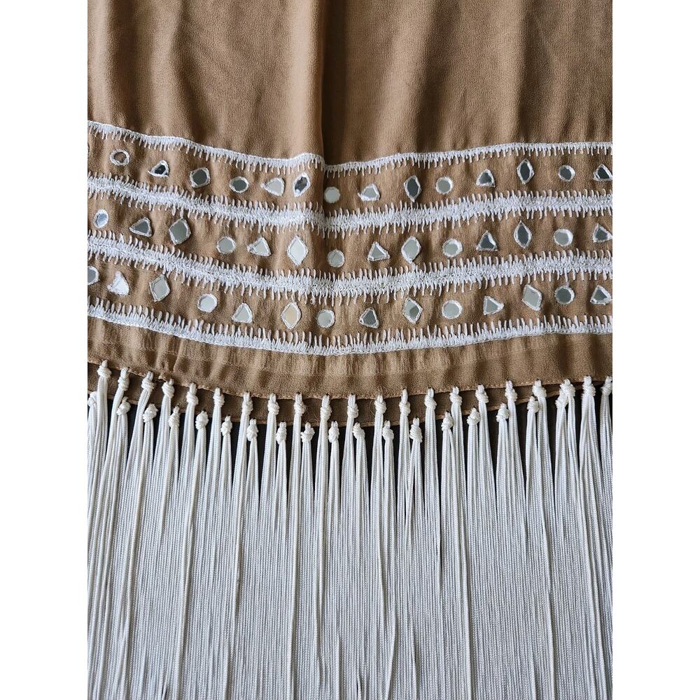 Large Rectangular Nude Chiffon Scarf Embroidered With Fringes & Mirrors - Picture 4 of 4